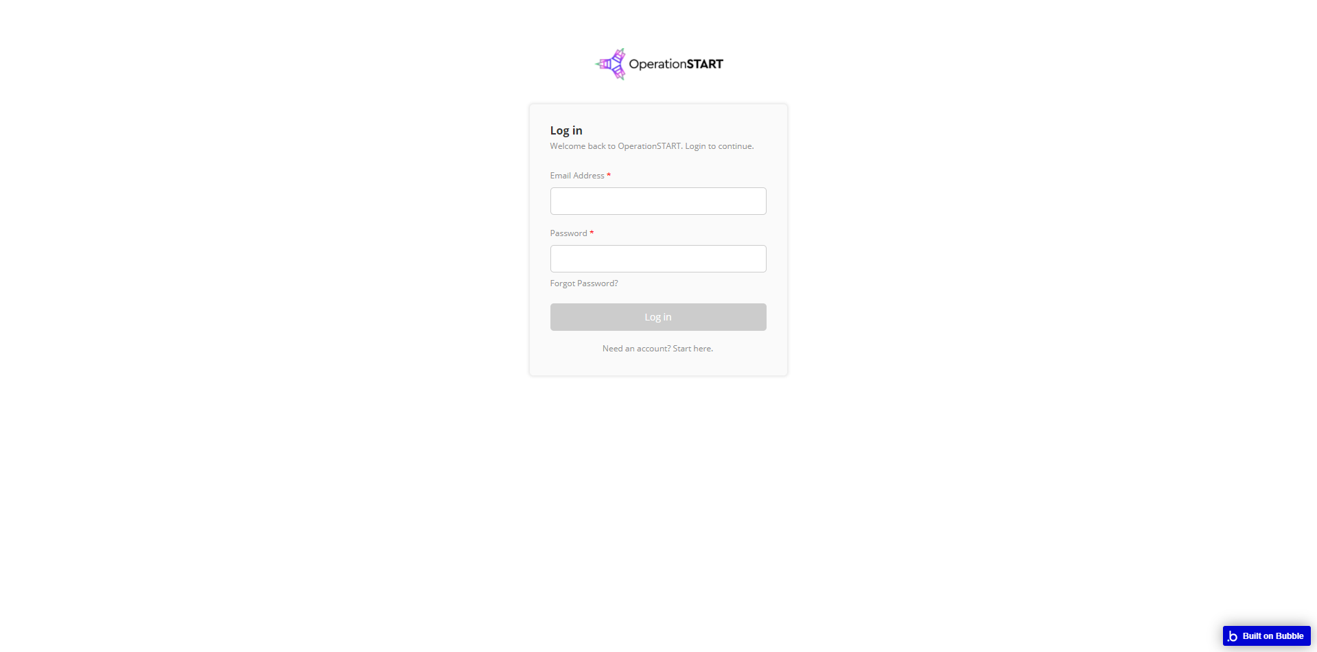 The authentication page on the OperationSTART platform