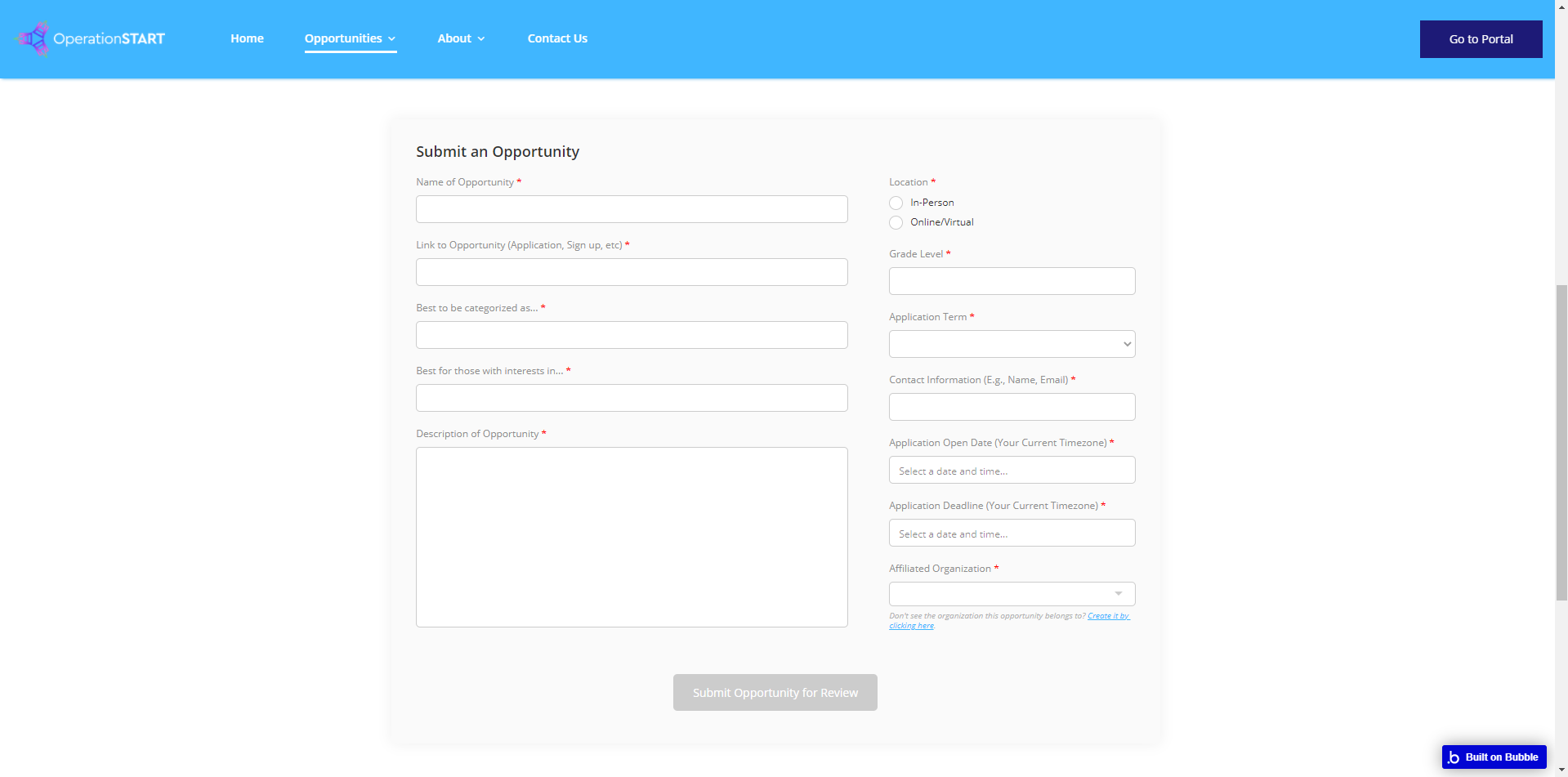 The opportunity and organization submission page